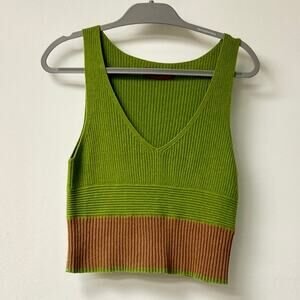 The Gigi Sleeveless Deep V-Neck Ribbed Knit Sweater Tank Top Green/Brown Women S